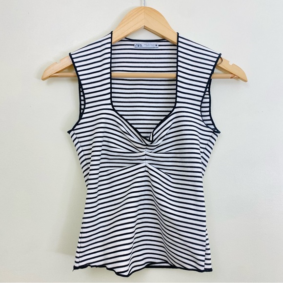 New Zara Stripe Black and White Jersey Stretch Tank Top Sleeveless blouse Size S - Picture 3 of 8